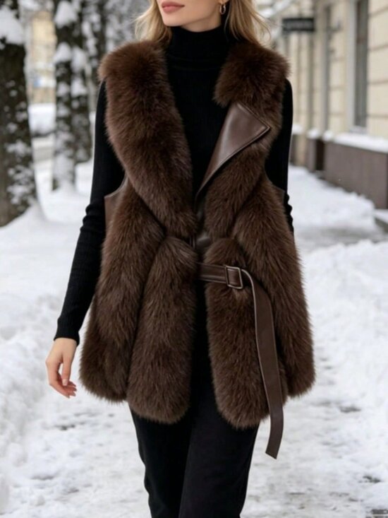 Jackets & Blazers - Brown Casual Women's Slim Fit And Versatile Faux Fur Vest Coat